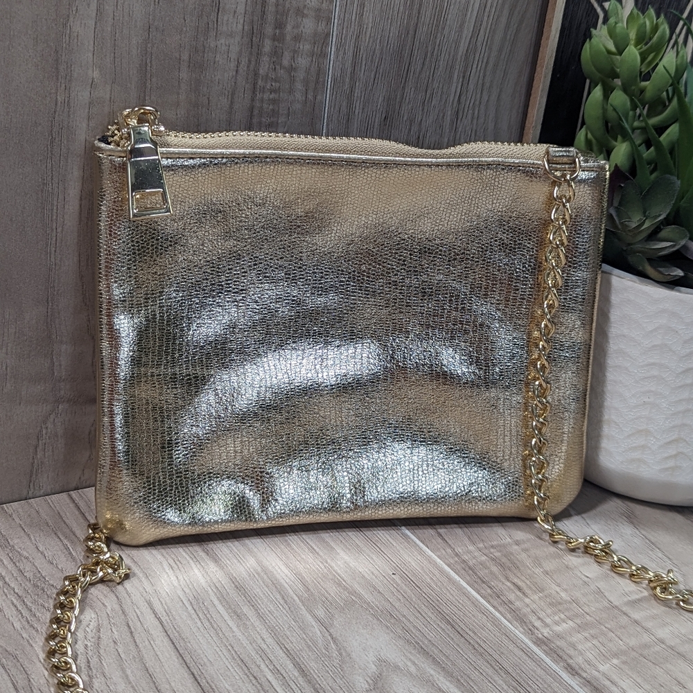 Big Buddha Crossbody Purse Metallic Shiny Gold Chain Strap Evening Bag